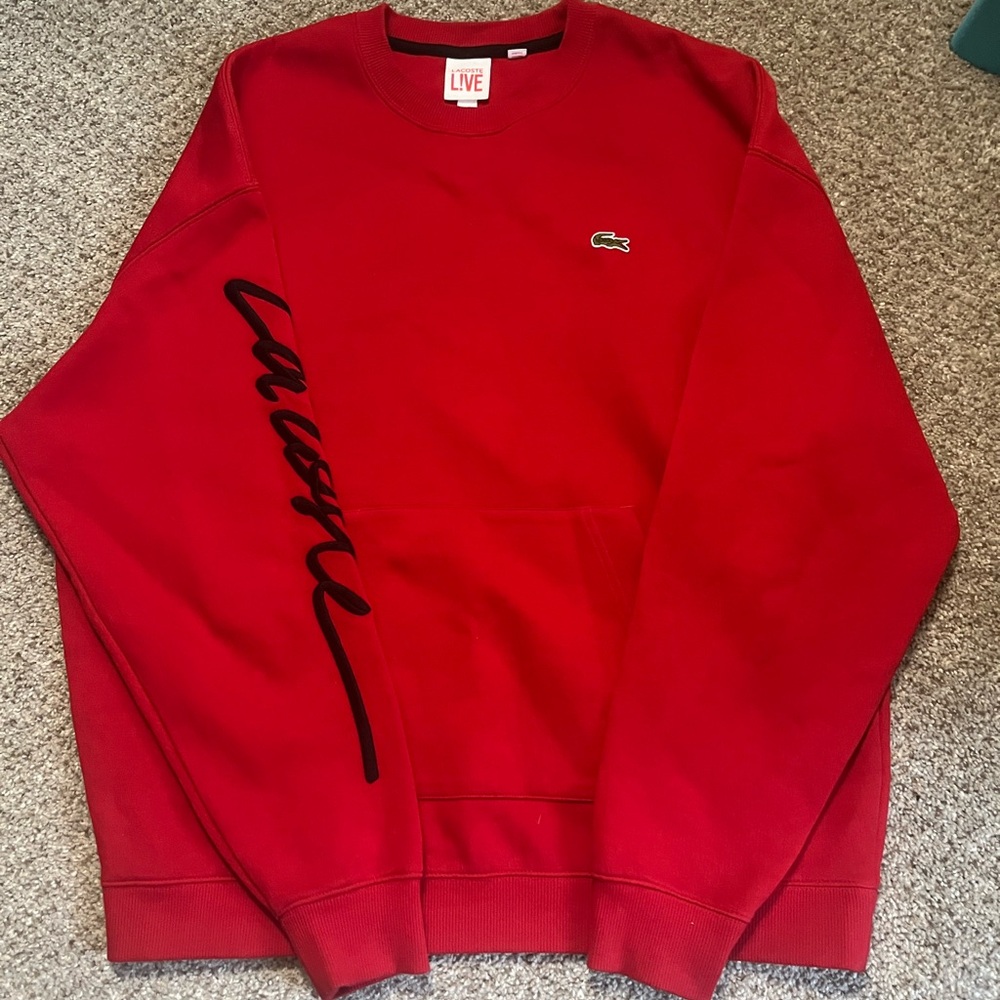 Lacoste Crewneck Kangaroo Pocket XL Mens Red/Black Embroidered Sleeve Hit